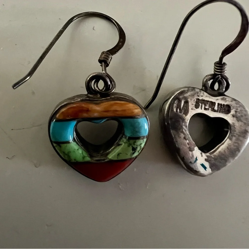 Vintage Navajo or Zuni inlay stones sterling silver hearts wire pierced earrings